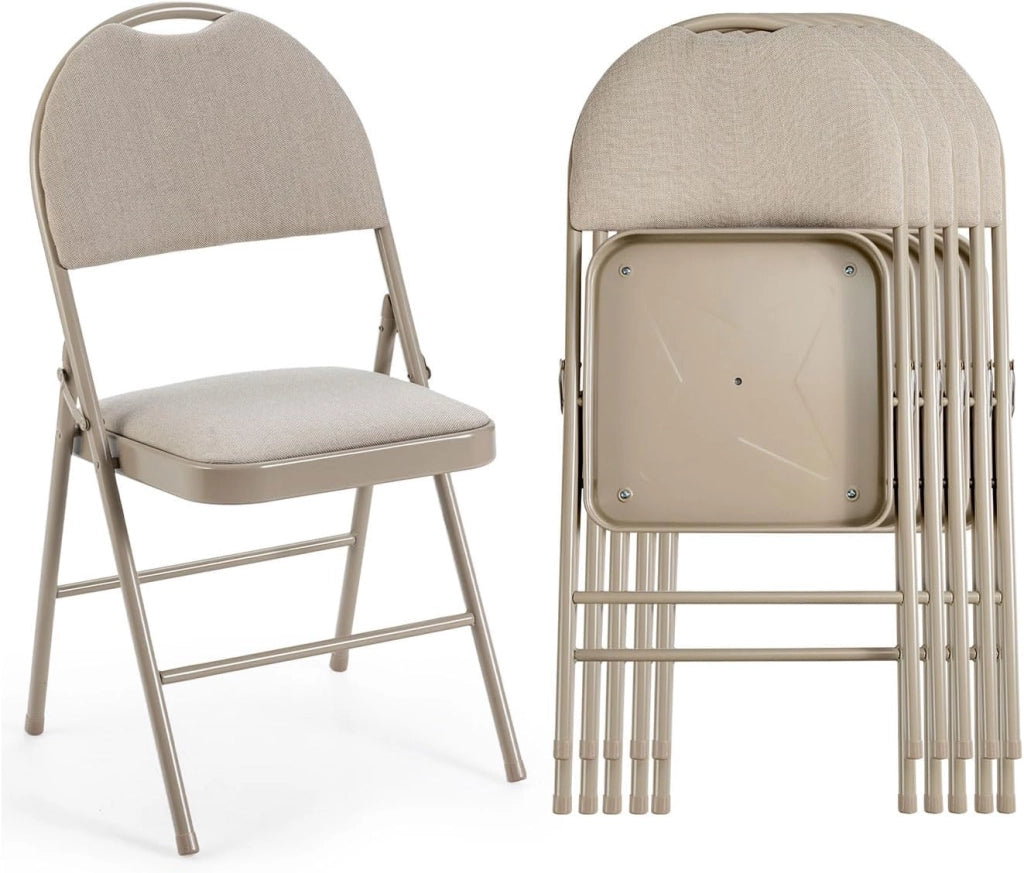 Set di 4 sedie pieghevoli in tessuto, sedie pieghevoli con sedile e schienale imbottito, sedie da pranzo con poggiapiedi telaio in metallo, 50 x 47 x 88,5 cm (Beige)