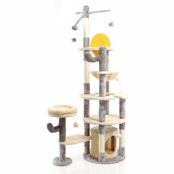 Fudajo Albero tiragraffi per gatti grigio chiaro 172 cm con casetta amaca e palline