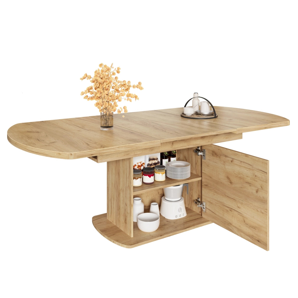 Tavolo da pranzo ovale allungabile con contenitore, 140/200 x 80 x 75 cm, colore rovere