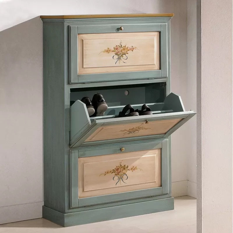 scarpiera 3 ante in legno massello azzurro/ocra l.80 x p.30 h.130 (1218) - Mobili 2G