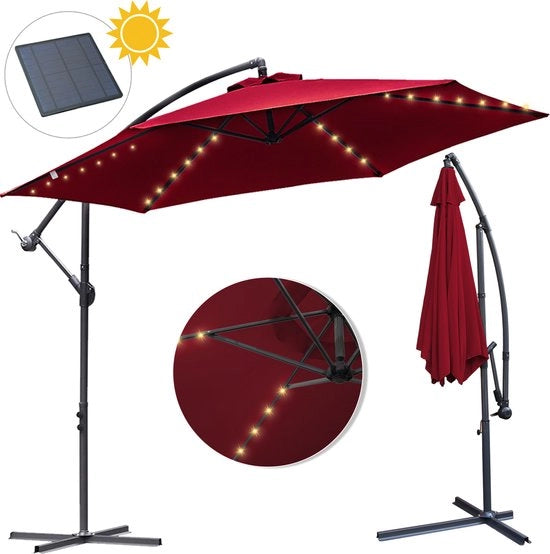 Parasolo a vento - Parasol per spiaggia - Parasol per balcone - Parasol LED a energia solare - Impermeabile - Ø 300cm - 3m - Parasol da giardino - Energia solare - Rosso - Rotante e inclinabile - 360° rotativo - Parasolo a vento duraturo - Con piede