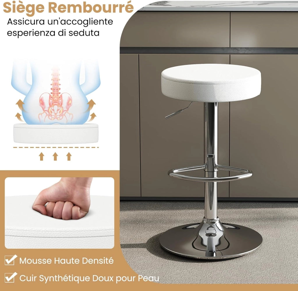 Set di 2 sedie da bar, sgabello girevole a 360° con poggiapiedi, base rotonda e antiscivolo, altezza regolabile da 65 a 85 cm, sedie alte per cucina, bar e soggiorno, colore: bianco