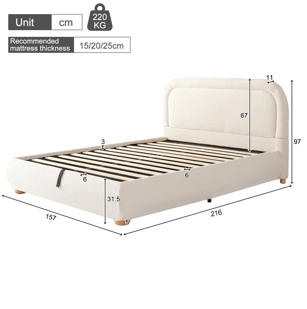 Letto imbottito beige in bouclé con vano contenitore e rete a doghe