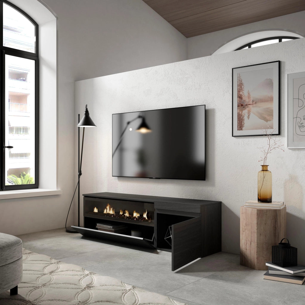 Mobile TV Soggiorno, 150x35x45cm, Per TV fino a 65", Camino elettrico, Nero RF2478