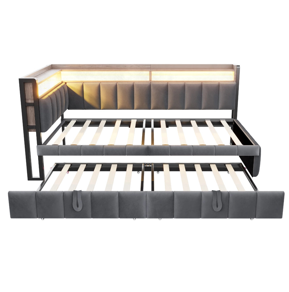 Divano letto estraibile 90x200 cm con LED; USB e USB-C in velluto grigio