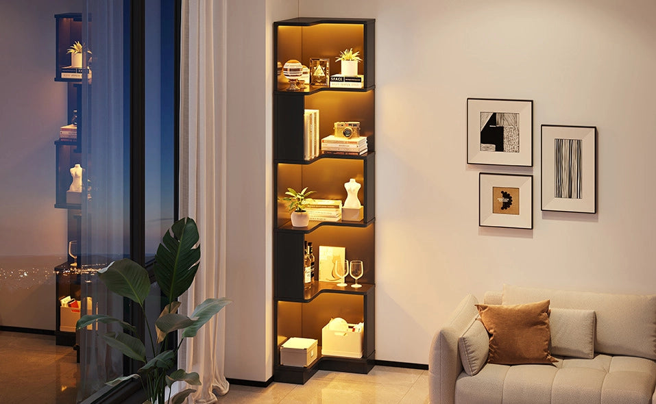 Libreria angolare 5 ripiani con LED RGB, MDF nero, 63,5x45x175 cm