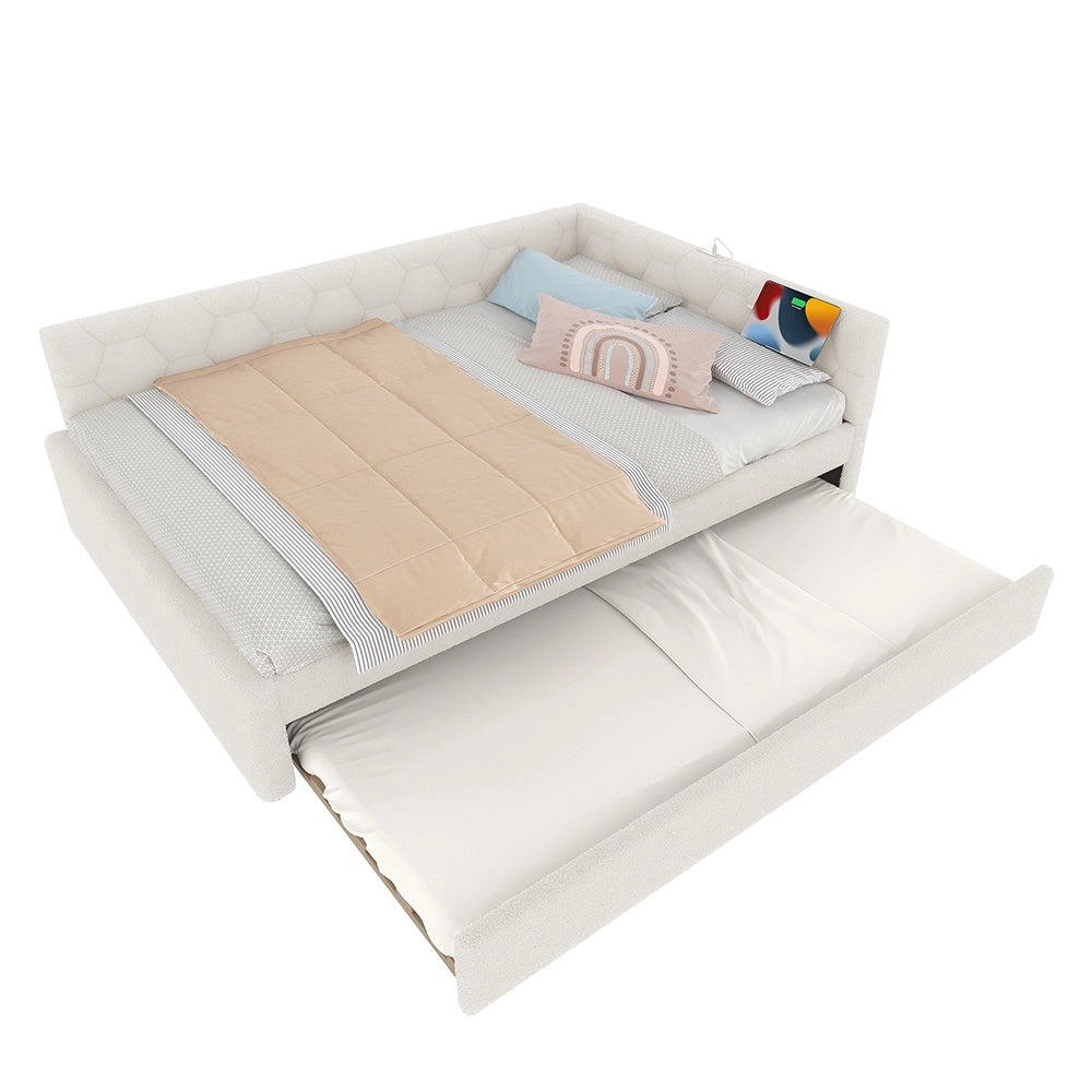 Letto giorno 140x200cm - Xylo - bianco, LED, USB-C, tessuto pile