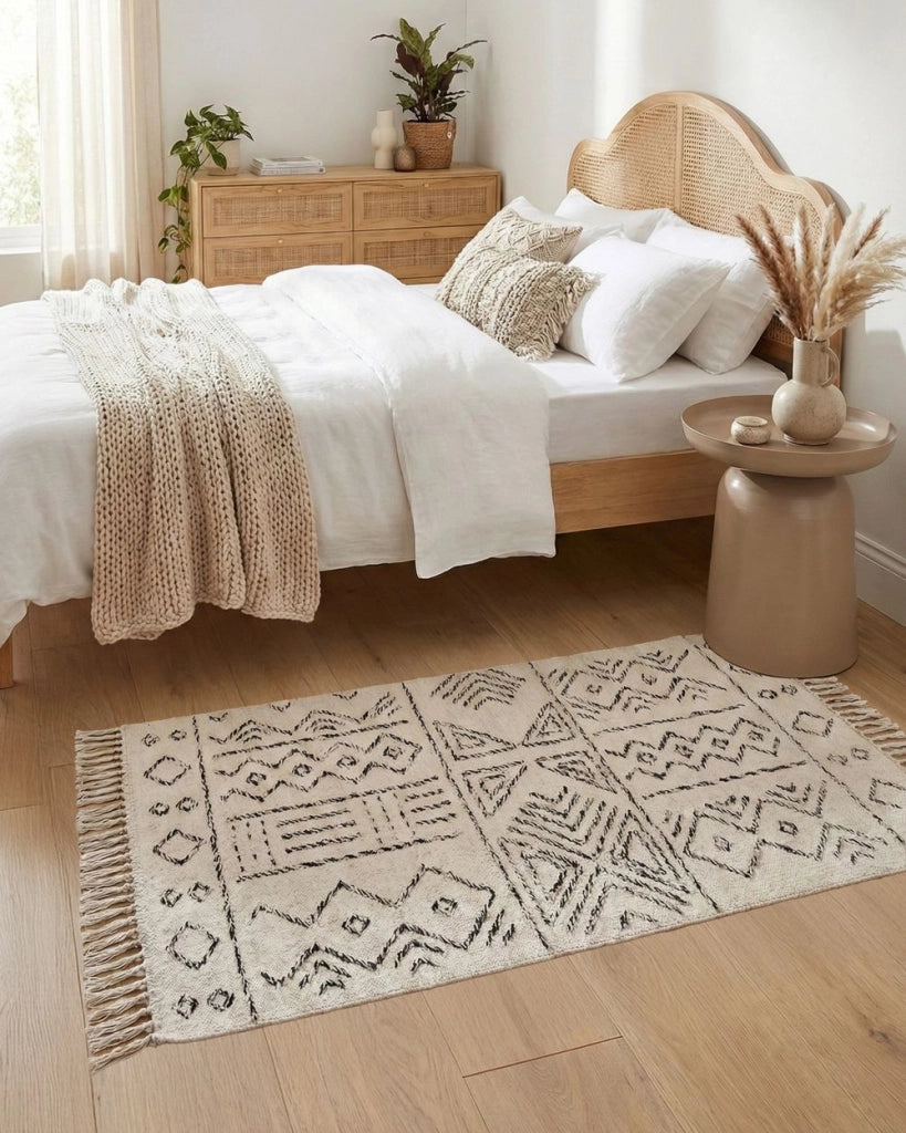 Tappeto in lana bianco sporco e nero con motivo azteco 80 x 150 cm a pelo basso Moderno Vintage
