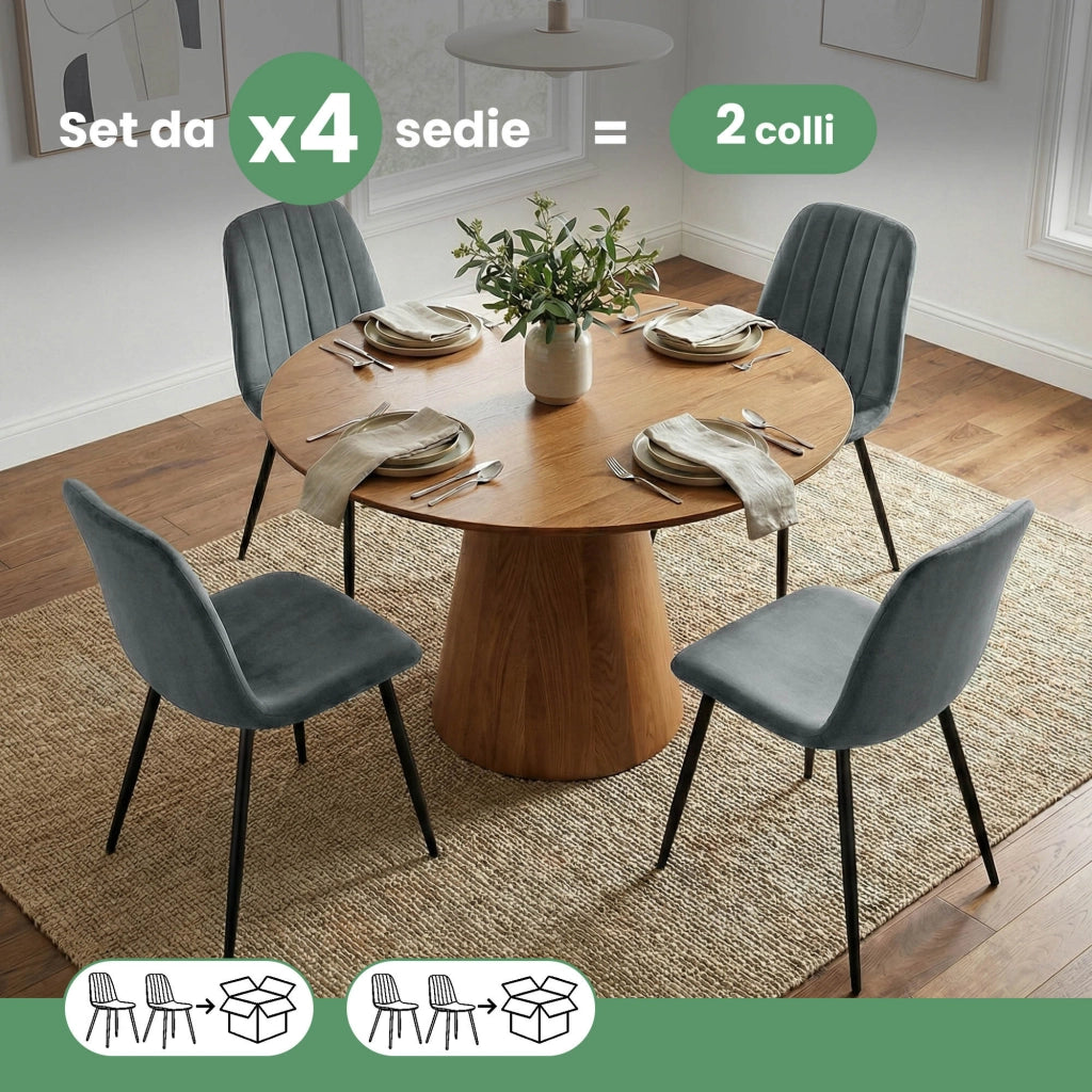 Set di 4 Sedie in velluto trapuntate LUMO Grafite Scuro gambe nere