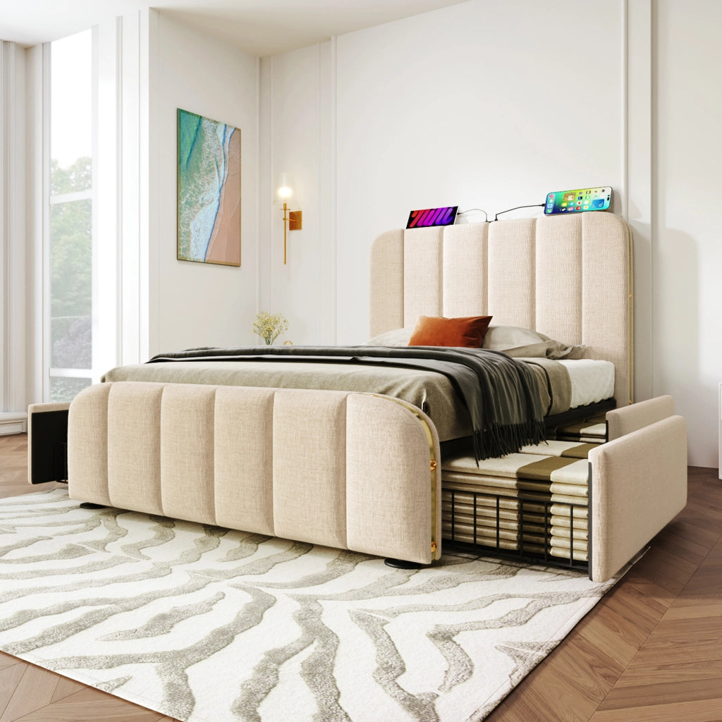 LETTO singolo 90x200 cm in lino beige con 4 cassetti e porta USB Tipo-C