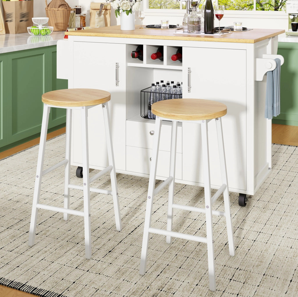 Set di 2 sgabelli da bar bianchi in MDF e metallo, altezza 63 cm
