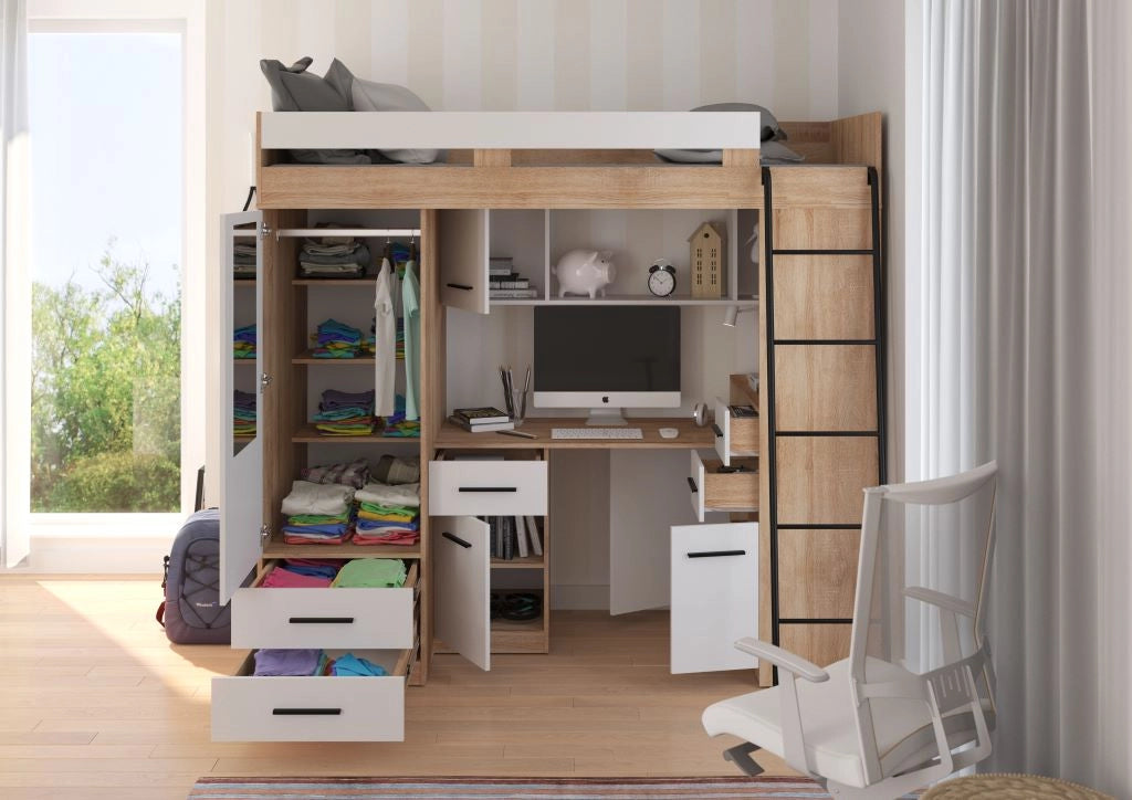 BIM Furniture letto soppalco con scrivania SMYK P cm110x204x188h Rovere chiaro Bianco