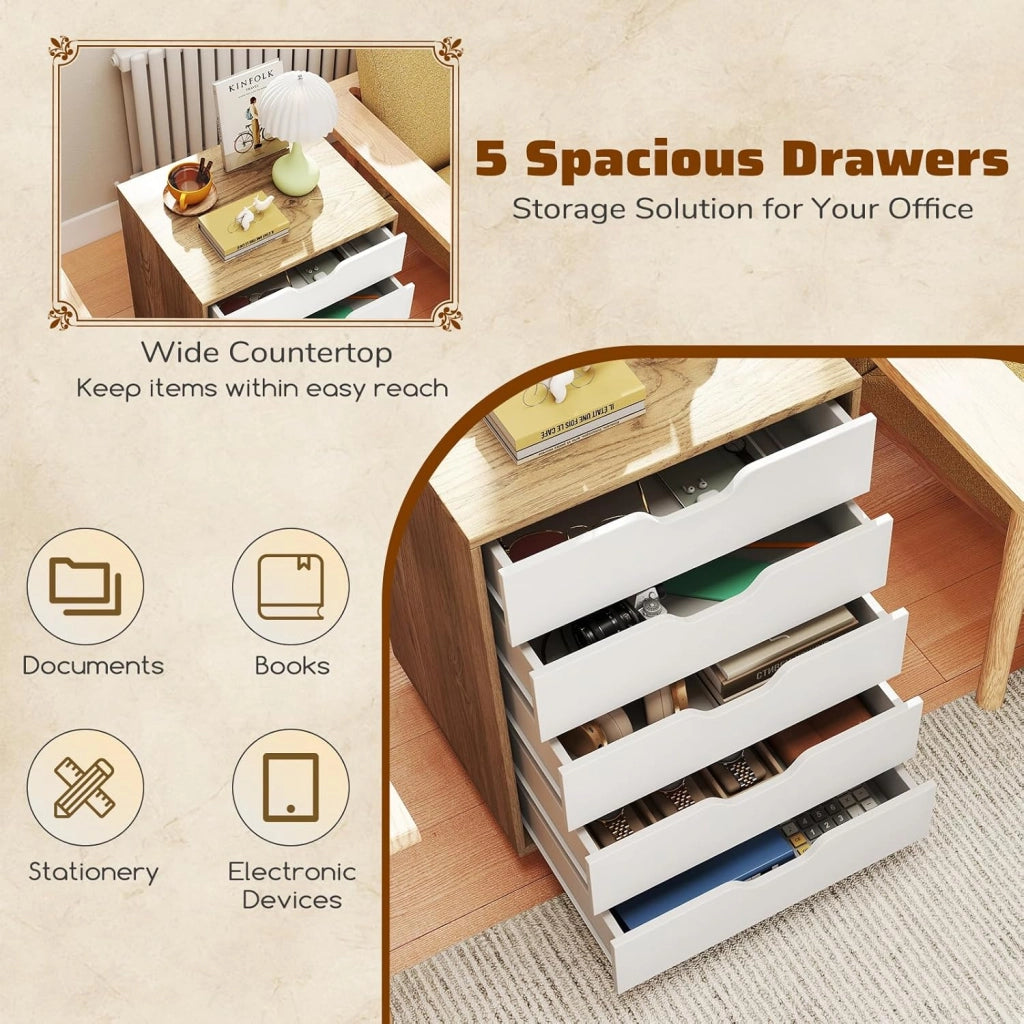 Cassetto da scrivania mobile con 5 cassetti da ufficio, mobile da ufficio, organizer con ruote, supporto per stampante per cartelle, documenti, documenti, carta, 48 x 39,5 x 69,5 cm (Naturale)