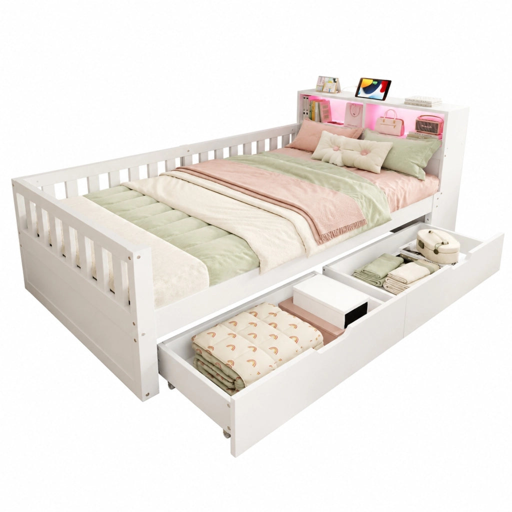 Letto multifunzione 90x200 cm con divano a L; cassetti; LED e prese