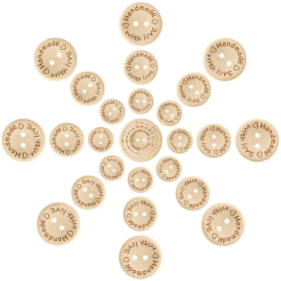 Nodi in legno (150 pezzi) a forma rotonda, 2 fori, manufatti a mano con diametri 15-20-25 mm