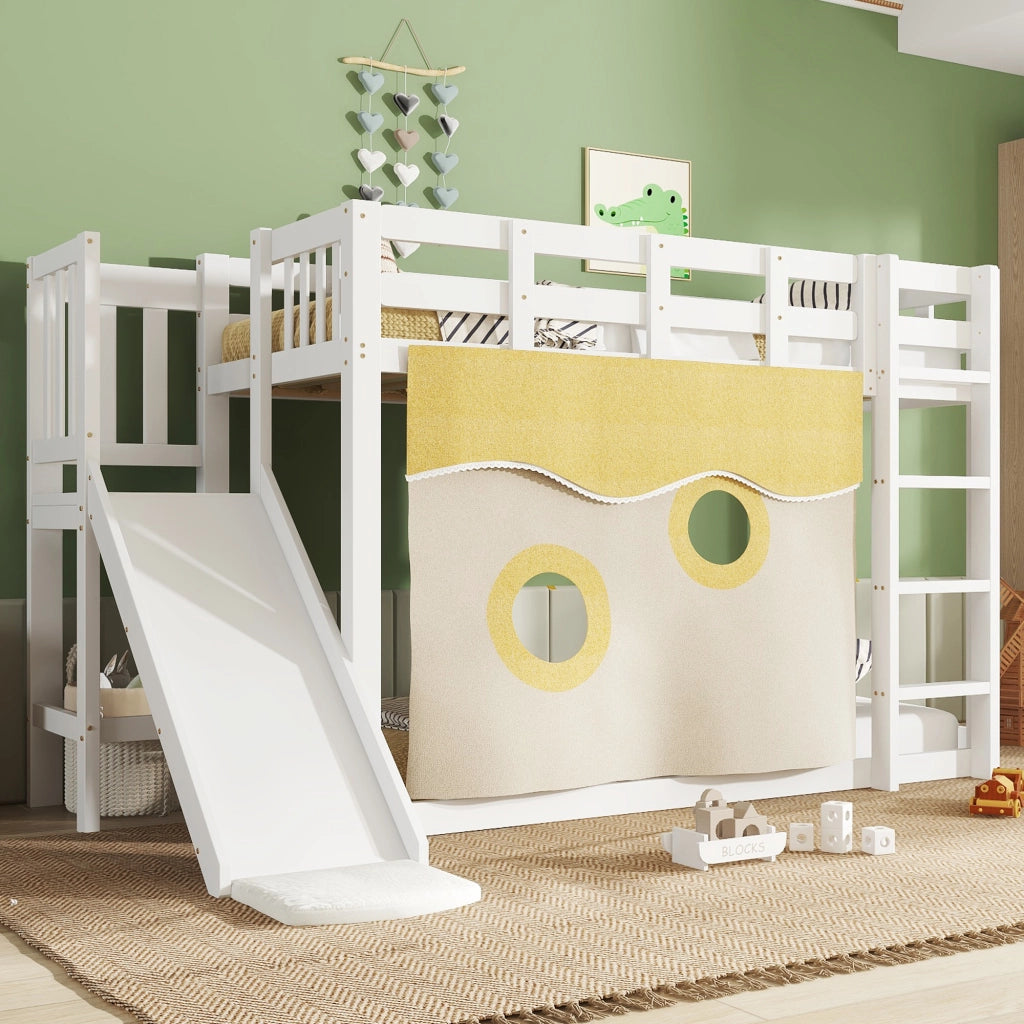 LETTO A CASTELLO 90x200 cm Bianco in MDF e Pino con scivolo e tende