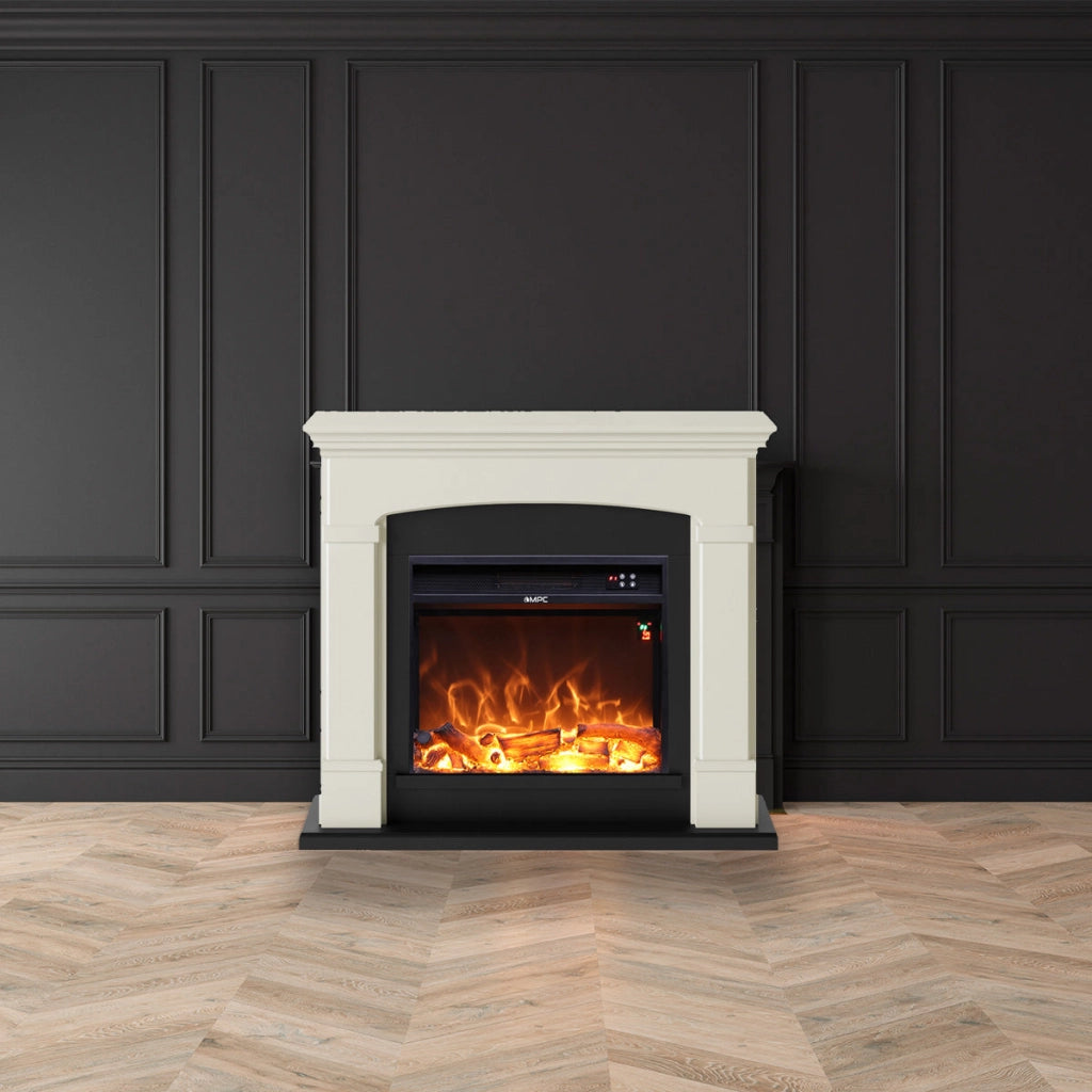 Camino Elettrico da Pavimento 107,2x95,2x24,5 cm Effetto Fiamma 1500W Sined Siena Bianco Crema