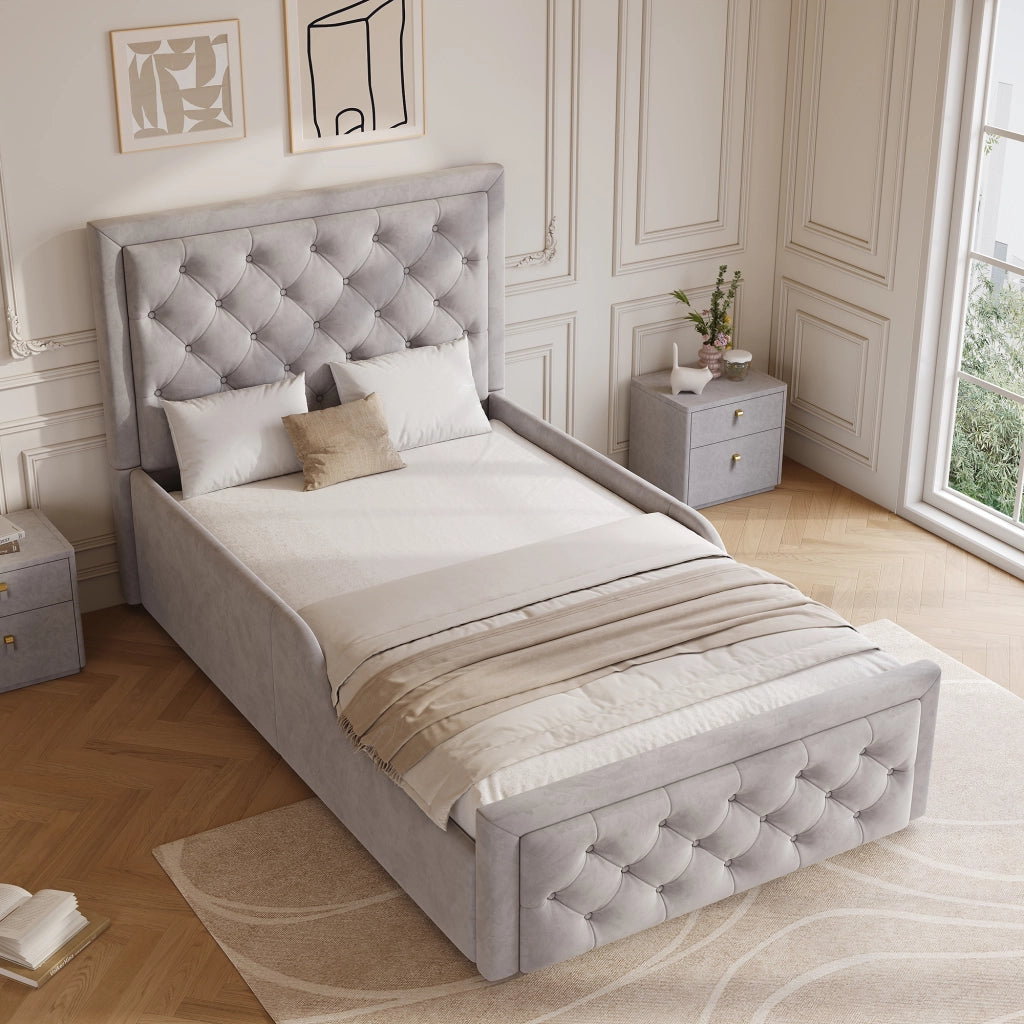 Letto per bambini imbottito 90x200 cm in velluto grigio con contenitore, rete a doghe e testiera trapuntata