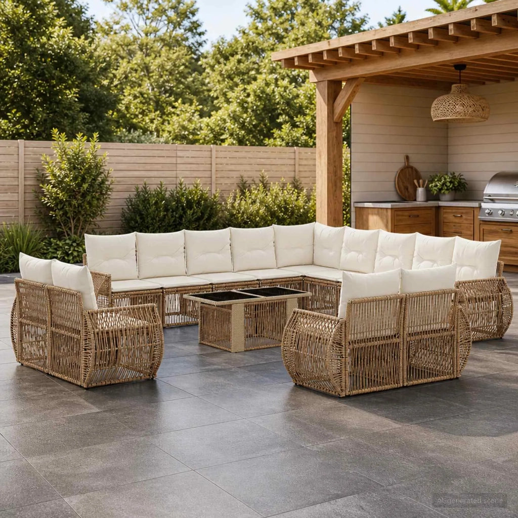 Set Divano da Giardino 14 pz Beige e Bianco Crema polyrattan 3437031