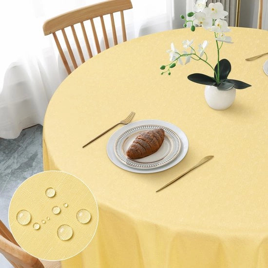 Tavolo Rond Φ100cm, Coperta Tavolo in Lino Giallo, Coperte Tavolo in Lino Giallo Lavabile in Poliestere Idrorepellente con Effetto Lotus, Resistente ai Danni per Salotto, Cucina, Balcone, Giardino