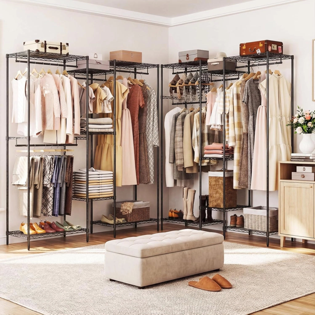 Appendiabiti asino convertibile, armadio per biancheria aperto con 7 ripiani regolabili e 4 aste per appendere, telaio in metallo, 188 x 46 x 198 cm, organizer per vestiti carico max. 530 kg
