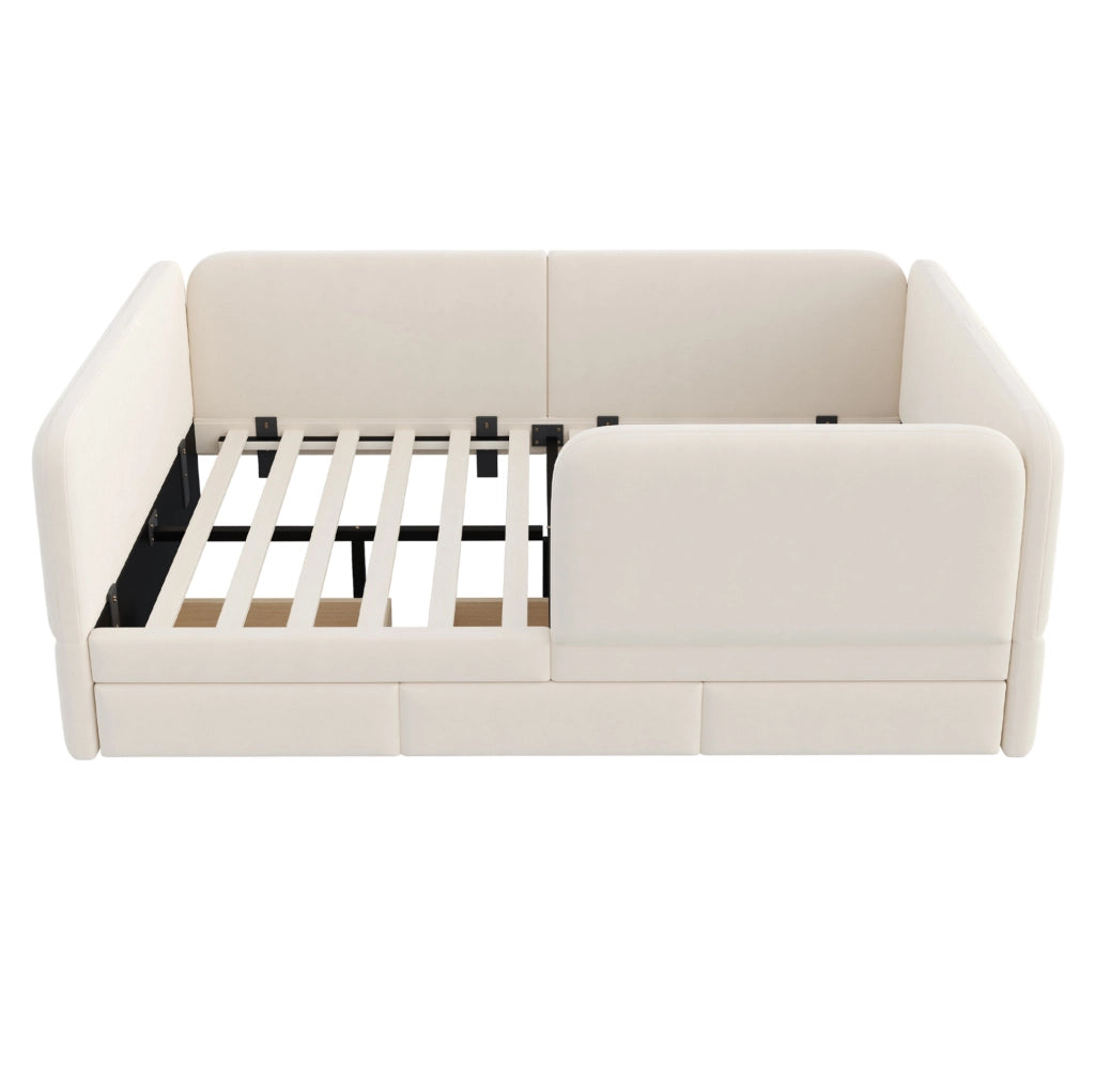 Letto per bambini 140x200 cm imbottito in velluto con 3 cassetti; beige