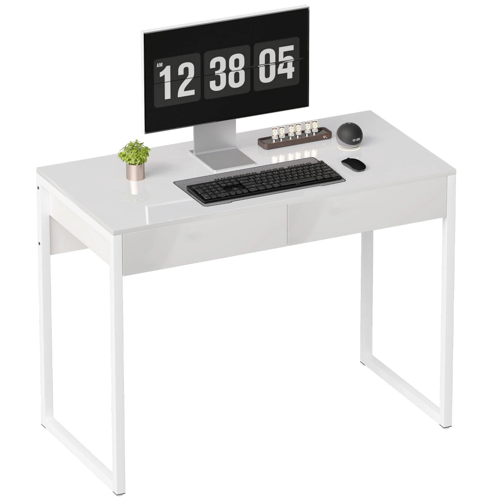 Scrivania con 2 Cassetti e Gambe in Acciaio ¨C zephmum ¨C Bianco Lucido 100x50x75 cm