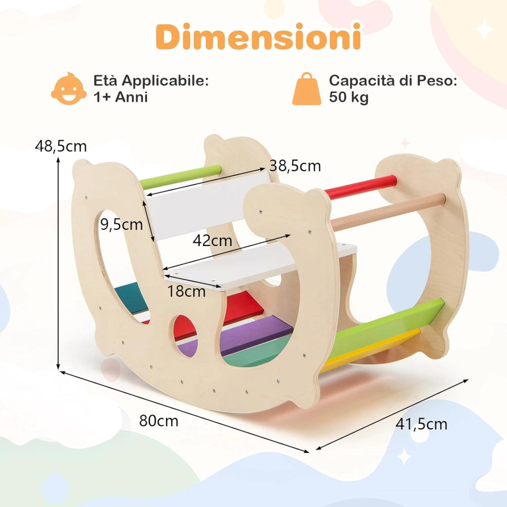 2 in 1 Arco da Arrampicata per Bambini, Arrampicata ad Arco con Dondolo Schienale e Sedile, Cavallo a Dondolo in Legno per Bambini 1 Anni +