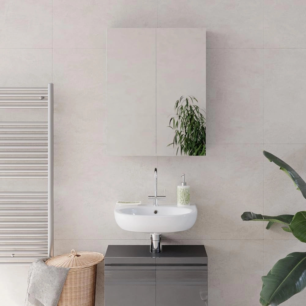 Specchio contenitore bagno Fredd, Antracite lucido, 60 x 77 cm, a parete con due ripiani interni regolabili