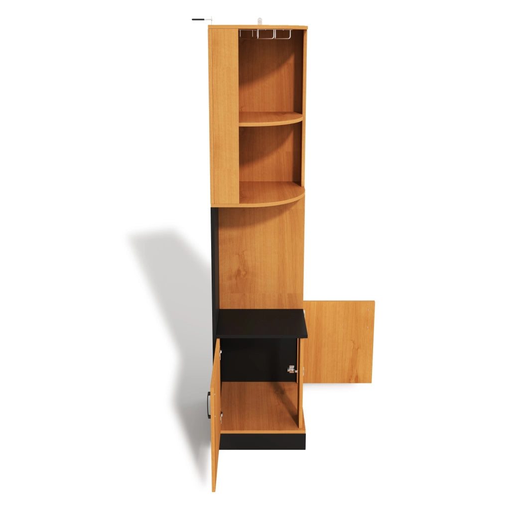 Mobile angolare portabottiglie e portacalici 40x40x182 cm in MDF, con vani aperti e credenza chiusa