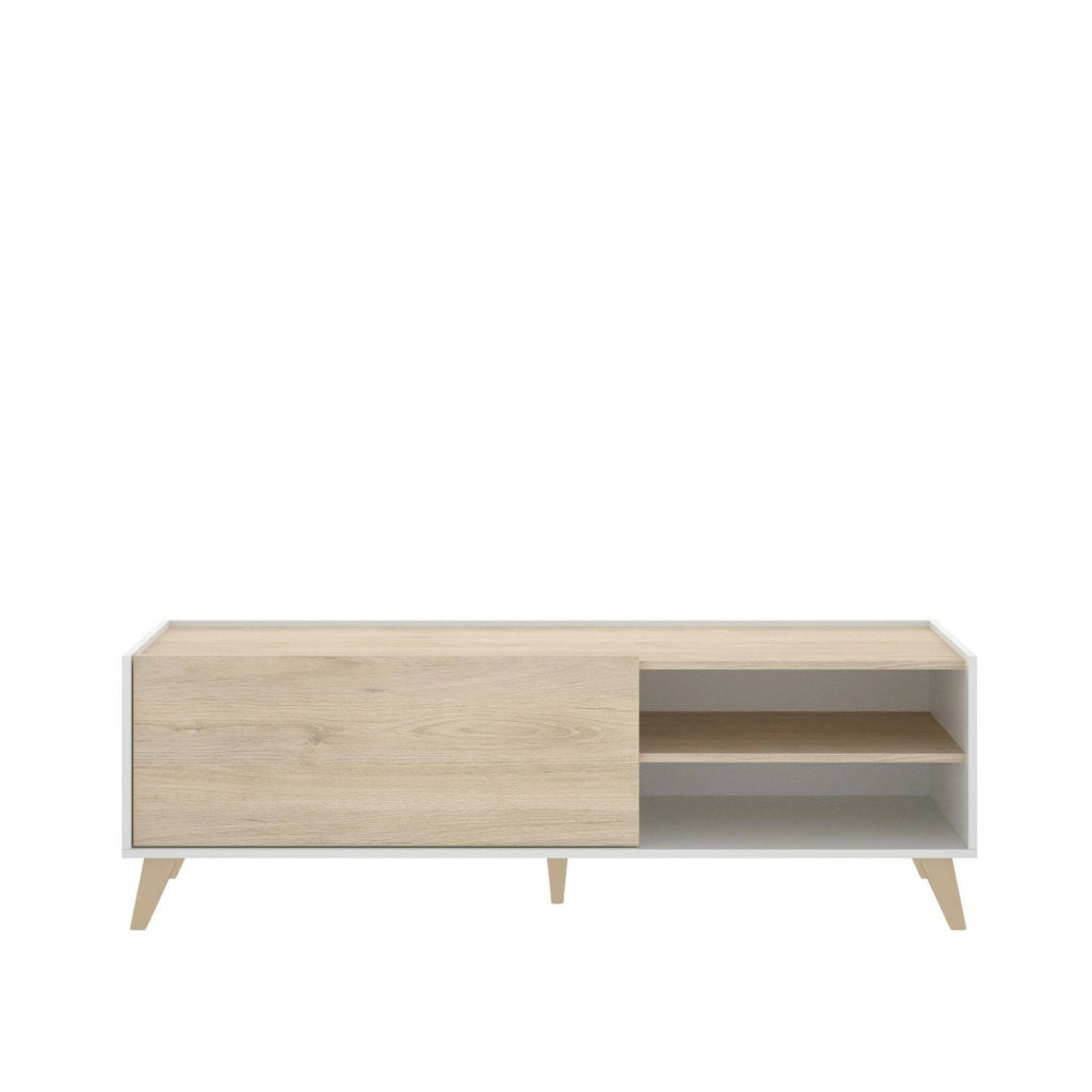Mobile porta TV Allesia, Credenza bassa da soggiorno, Madia da salotto per televisione, 155x43h47 cm, Rovere e Bianco