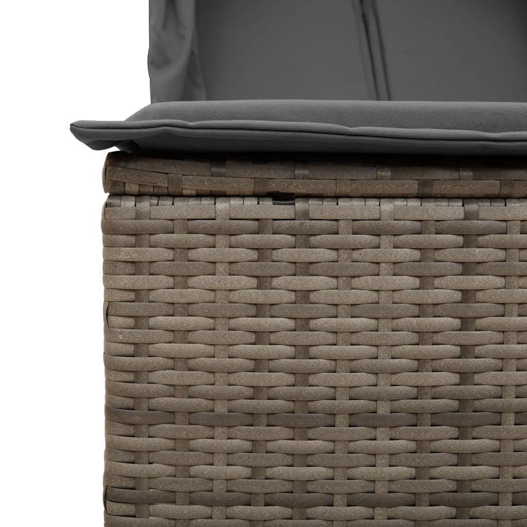 Lettino Prendisole | Sdraio da giardino | Lettino da sole Doppio Tetto e Tende Grigio in Polyrattan