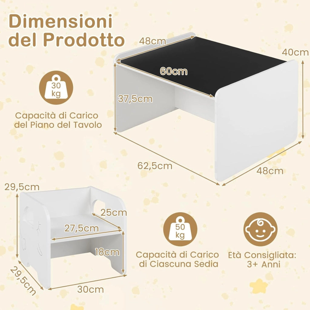 Set Tavolo e 2 Sedie per Bambini, Tavolo e Sedie Salvaspazio per Bambini 3+ Anni con Lavagna per Disegnare e Piedini Antiscivolo, per Camerette, Soggiorno e Studio (Bianco)
