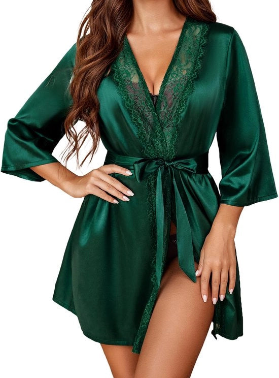 Kimono da notte con cintura e V-neck per donne, verde, XL
