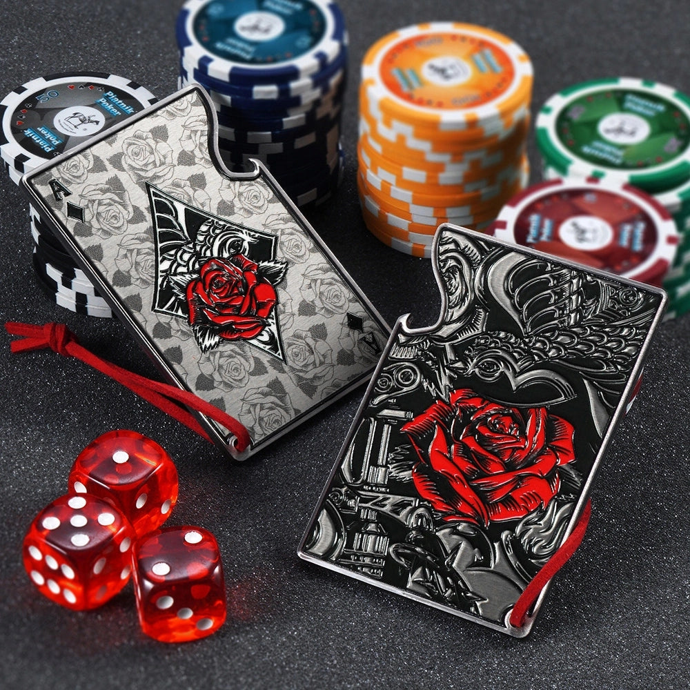 Apribottiglie KADAX in metallo con asso di quadri e carta regalo da poker.