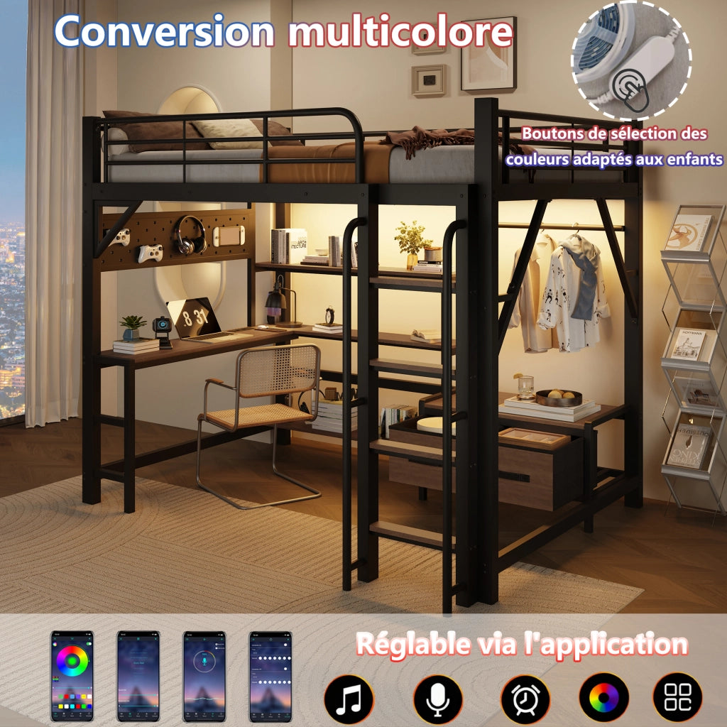 Letto a soppalco in metallo con scrivania, LED e USB, 140x200 cm, nero