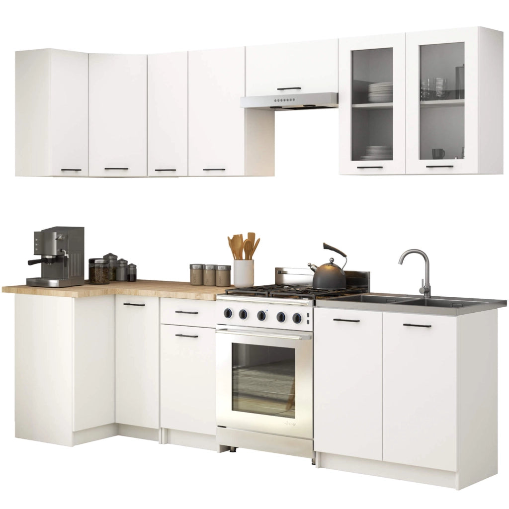 Set da cucina con vetrina AKORD OLIWIA 3,0 m H720 Bianco 300 cm 11 ante 1 cassetto frontale Bianco 300×46×203 cm