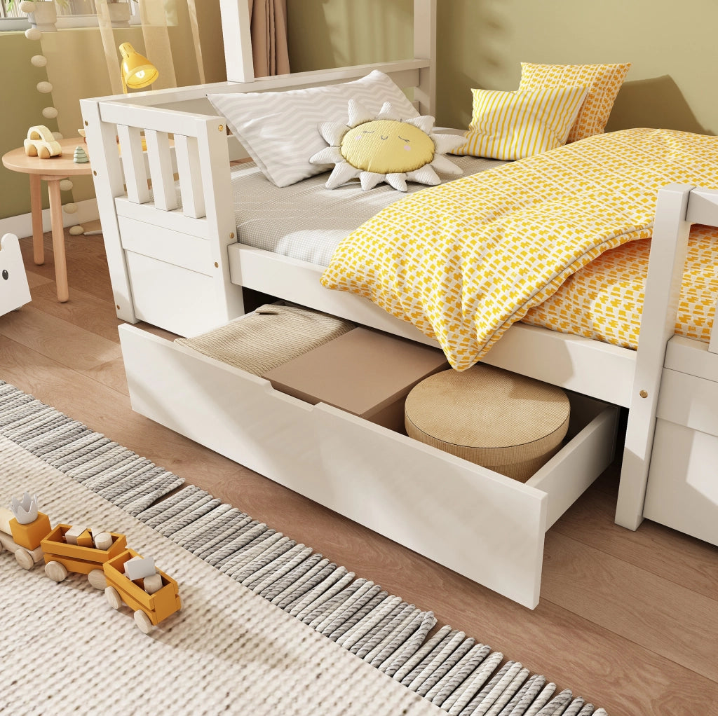 Letto a castello ULEVR 90x200 e 140x200 cm con scala contenitore, cassetti e lavagna, bianco