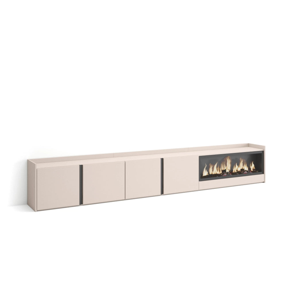 Mobile TV Soggiorno, 315x50x35 cm, Per TV fino a 80", Camino elettrico XXL, Beige