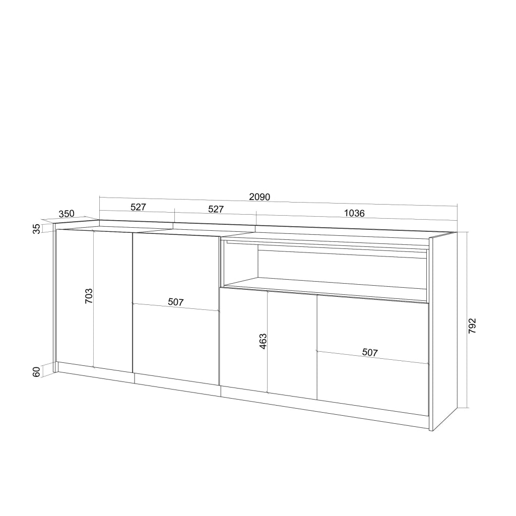 Credenza, Mobile, Cucina, 207x80x37 cm, 4 Porte, grande stoccaggio, Rovere e nero