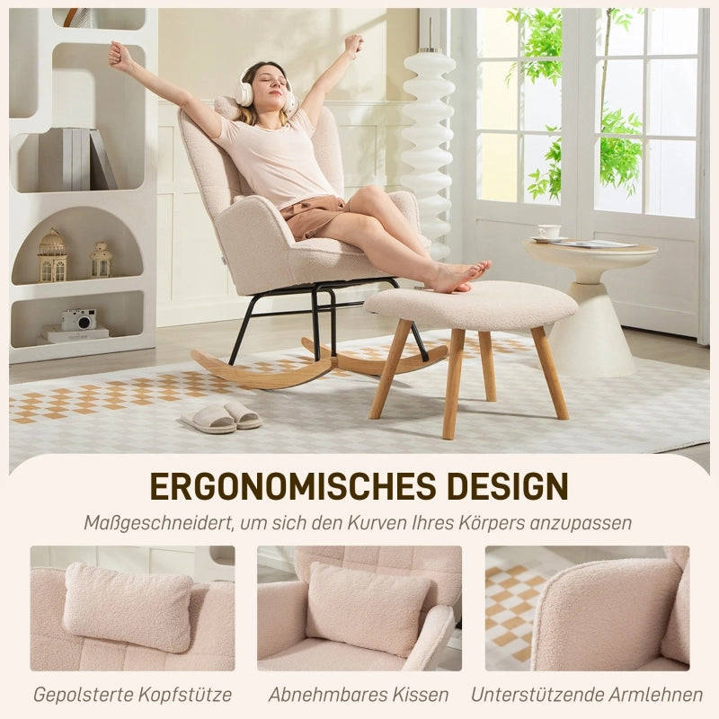 Poltrona a dondolo con poggiapiedi e cuscino schienale alto in poliestere e acciaio con gambe in legno beige
