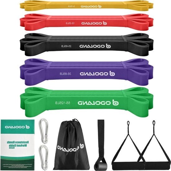 Fitnessbandenset per allenamento di resistenza - 5 diverse resistenze - Set di cinture di espansione con maniglie, cinture per piedi e anello per porte - Tasca portatile - Contenuto HTML aggiunto