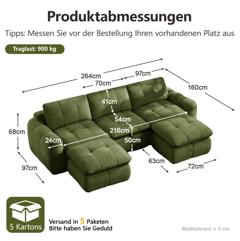 Divano modulare in chenille verde 264x160x68 cm; design senza telaio con seduta ergonomica
