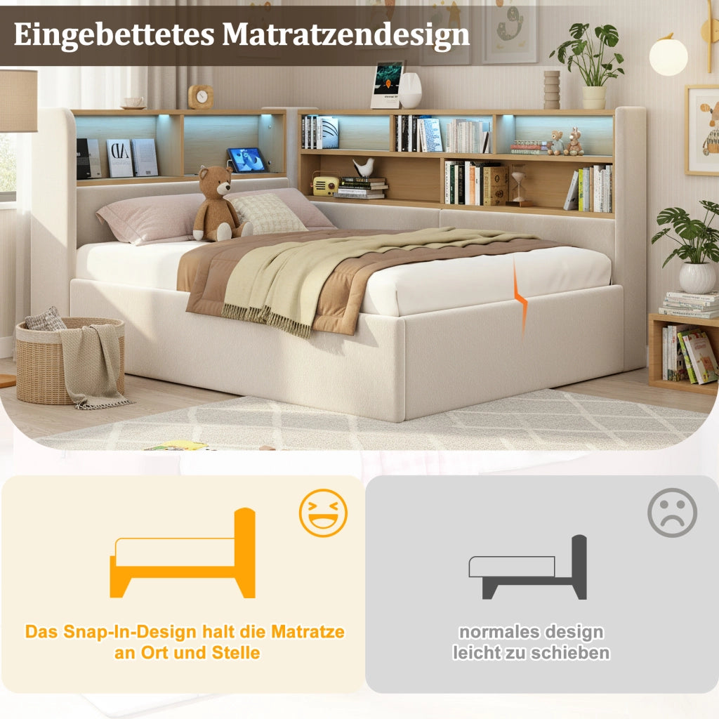 Daybed imbottito con contenitore idraulico, LED e USB, 90x200 cm, velluto beige