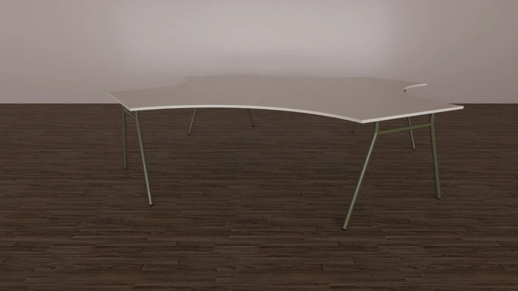 Bench per ufficio operativo con piani sagomati a 4 posti, con top in melaminico e struttura metallica cm. 360x364x75h
