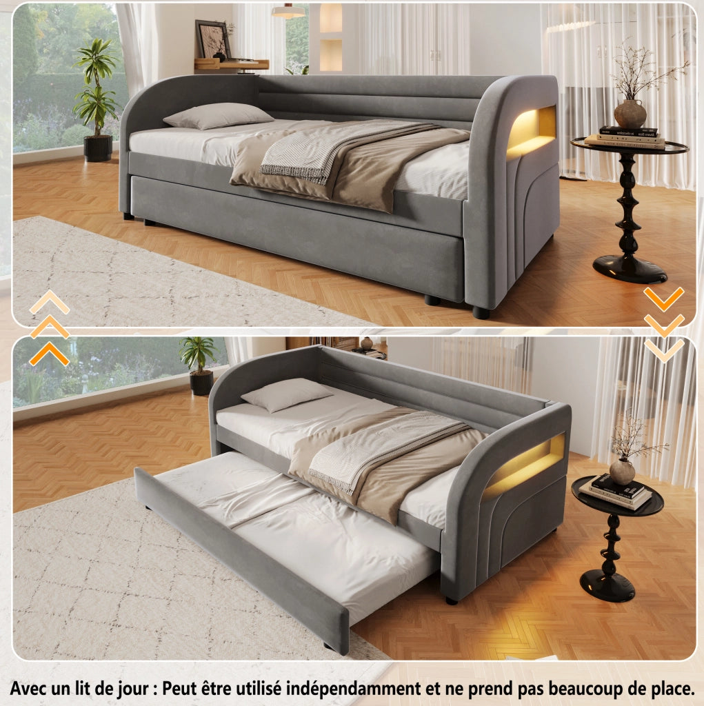 Letto piattaforma imbottito 90x200 cm con letto estraibile e illuminazione LED; grigio