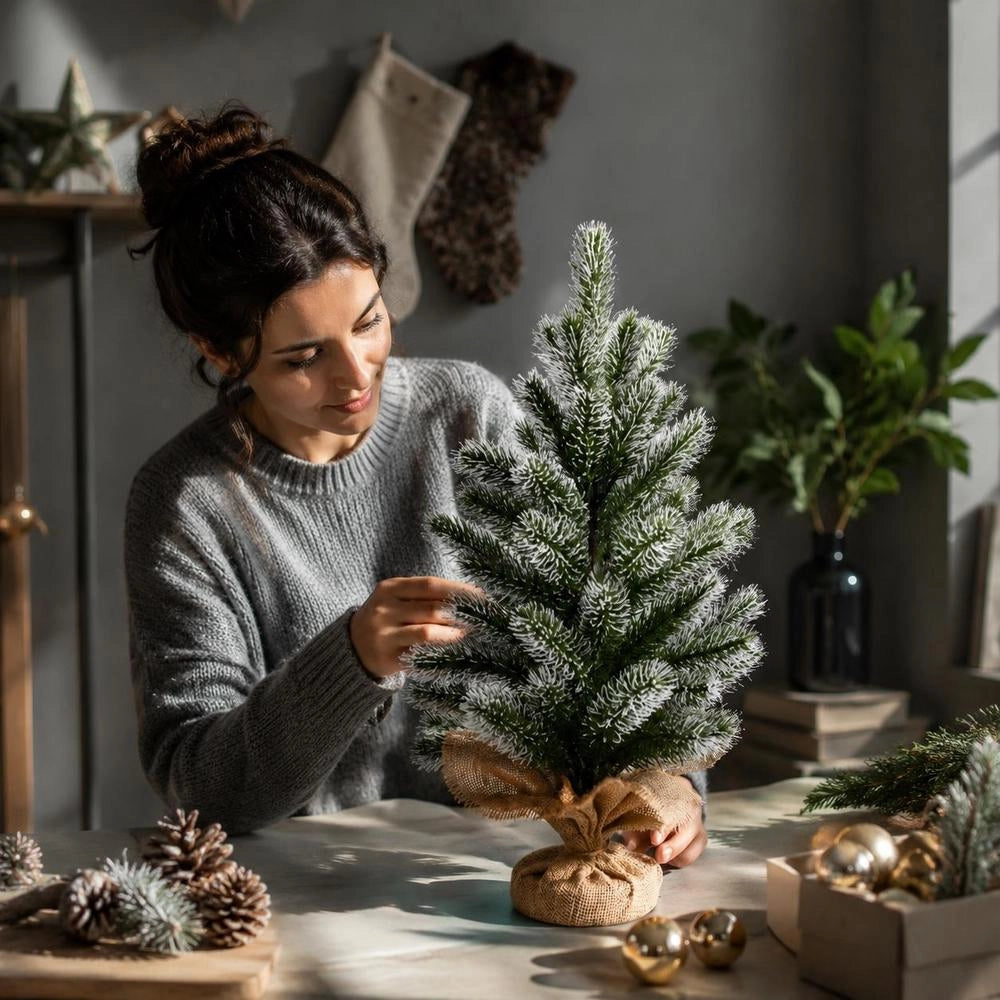 Mini albero di Natale sulla scrivania 50 cm coperto di neve con supporto