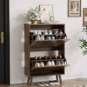 Scarpiera slim in stile Mid-Century; 60x24x95 cm; effetto noce con finitura scanalata