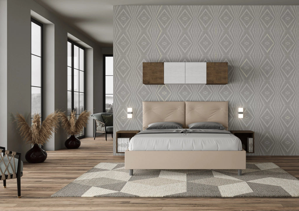 Letto Matrimoniale 160x190 cm con Rete e Contenitore con Alzata Comoda Imbottito in Similpelle Appia Tortora