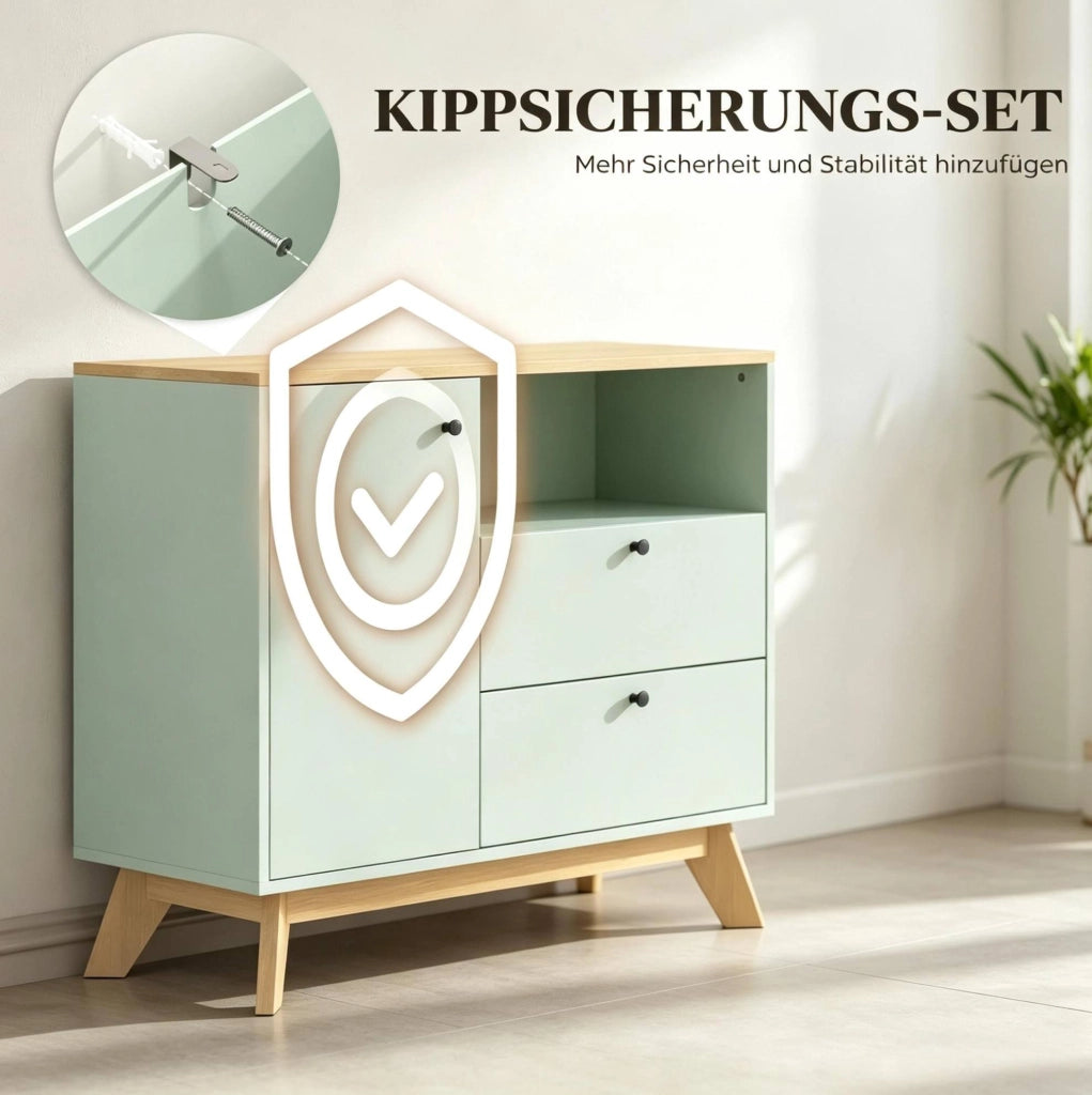 Credenza verde chiaro e rovere con 2 cassetti